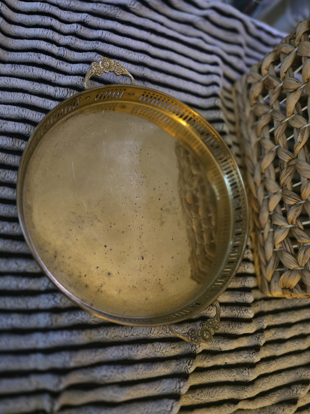Vintage Brass Round Serving Tray with Floral Handles